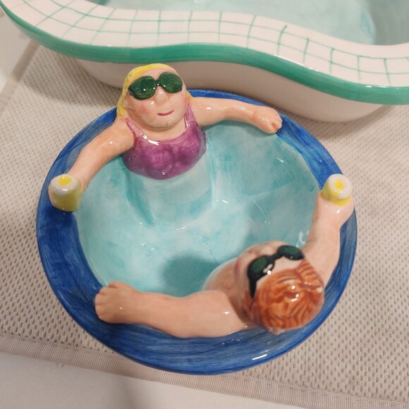 1995 Vtg Lotus Chip And Dip Swimming Pool Party And Hot Tub / Floaty Ceramic Set - Picture 6 of 16